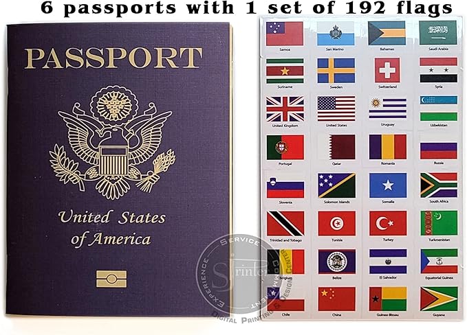 SJPRINTER Passport - Little passports Travelers notebook - Set with travel stickers world flags - Pretend play, party favors, airplane toy, journal notebooks, geography, classroom social study