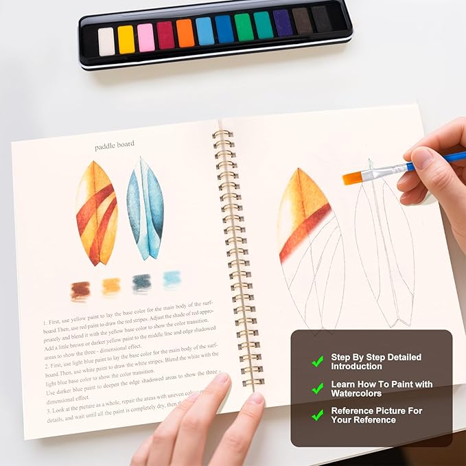 Metyond Watercolor Workbook - Watercolor Coloring Book with 1 Workbook 12 Colors Paint Set with Brush, Beginner Friendly Watercolor Workbooks Set Gift for Adults Teens (Tropical)