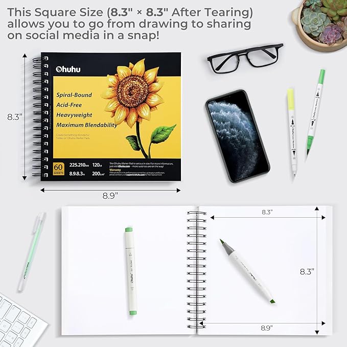 Ohuhu Marker Pads Art Sketchbook - 8.9" x 8.3" Portable Square Size -120 lb/200 gsm Drawing Papers - 60 Sheets/120 Pages - Spiral Bound Sketch Drawing Book for Alcohol Markers Christmas Gift