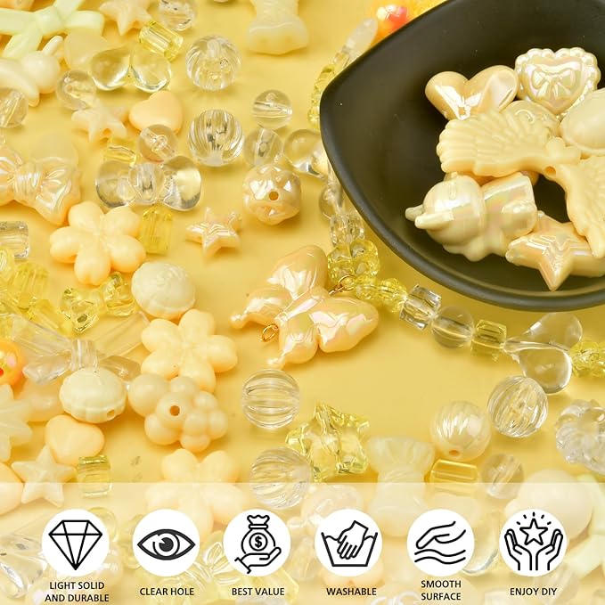 ABONDEVER 245-300Pcs Assorted Acrylic Beads for Bracelets Making Cute Star Bow Flower Candy Heart Gummy Bear Butterfly Beads for DIY Jewelry Crafts Keychain Necklace Phone Charms(Yellow)