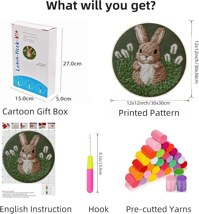 Latch Hook Rug Kit Brown Rabbit in Grass Easy for Beginners Round Shape Carpet Crochet Yarn Craft Mini Rug DIY Hook and Latch Little Tapestry for Home Decor 30x30cm