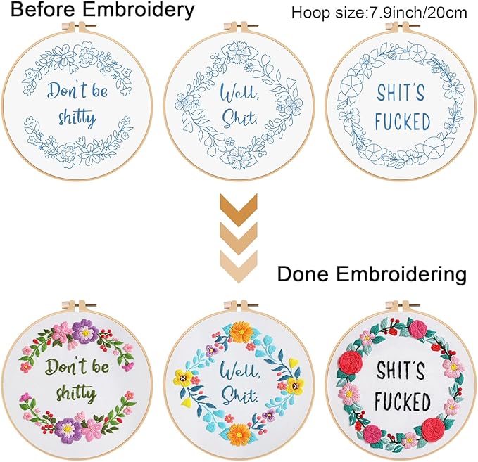 Louise Maelys 3 Sets Funny Embroidery Kits for Beginners,Cross Stitch Kit for Adults,DIY Starters Needlepoint with Flower Wreath Pattern,Including Instruction and Threads