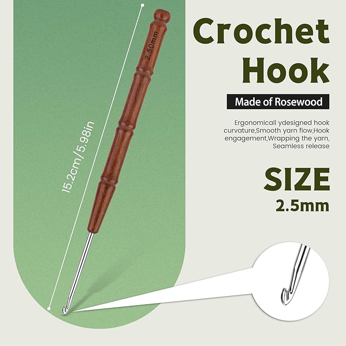 Wuadua 2.5mm Crochet Hook, Ergonomic Crochet Hooks with Wooden Handle, Crochet Needle for Arthritic, Ideal for Fine Cotton Yarn, Perfect for Crafting Bags, Hair Ties, and Lightweight Scarves