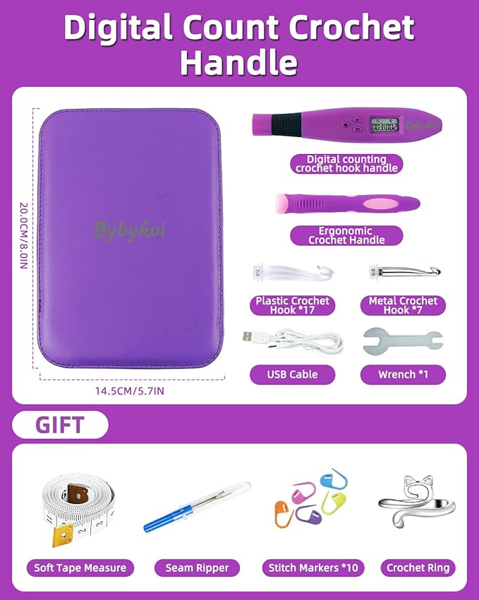 Bybykoi Light Up Crochet Hooks Set with 24 Interchangeable Crochet Kit, Digital Counter, 2 Levels LED, Beginner Knitting Kit for Stitch and Row Counter