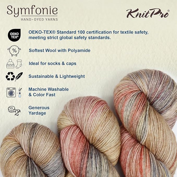 KnitPro Symfonie Fingering Weight Hand Dyed Variegated Yarn Skein | Extra Fine Merino Wool & Polyamide Blend for Knitting & Crocheting, Oeko-TEX Certified 400m, 100g | Terra Moonlit Glow