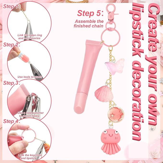 VioraWhite 213 Pcs Lip Gloss Keychain Making Kit 100 Pink Enamel Charms 32.81 ft Gold Chains for DIY Crafts Women(Cute)
