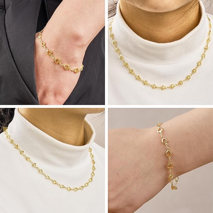 KYUNHOO 13 Feet Hollow Heart Chain for Jewelry Making 18K Gold Plated Brass Jewelry Chains Bulk with Lobster Clasps Jump Rings for Crafting Supplies