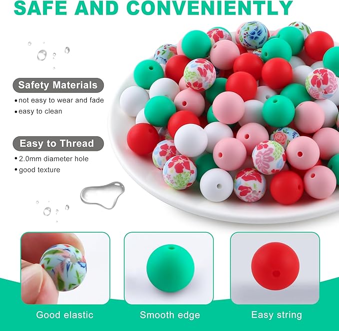 150Pcs Mixed Color 15mm Silicone Beads for Keychain Making, Pink Red Green Print Silicone Beads for Pens and Bracelet Jewelry Making
