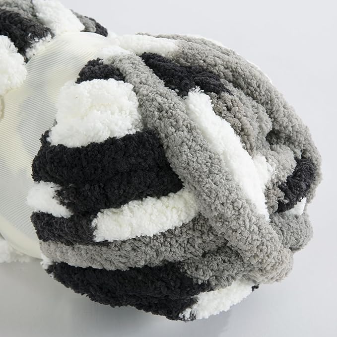 HOMBYS Chunky Tie Dye Mix Chenille Yarn for Hand Knitting, Super Bulky Jumbo Yarn for Crocheting, 3/4" Thick Soft Plush Yarn for Blankets, 18 Skein Pack (26 yds / 7.5 oz Each) Black, White, Grey