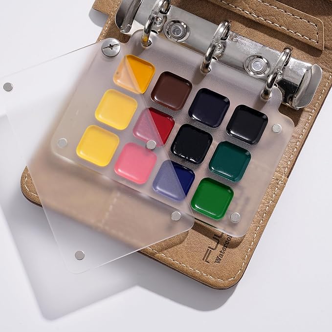 Fuumuui Watercolor Sketchbook Set – Refillable 12-Color Travel Paints Kit & 100% Cotton Cold Press 20 Sheets Art Journal with Dual-Tip Travel Brush for Artists Outdoor Painting - Small