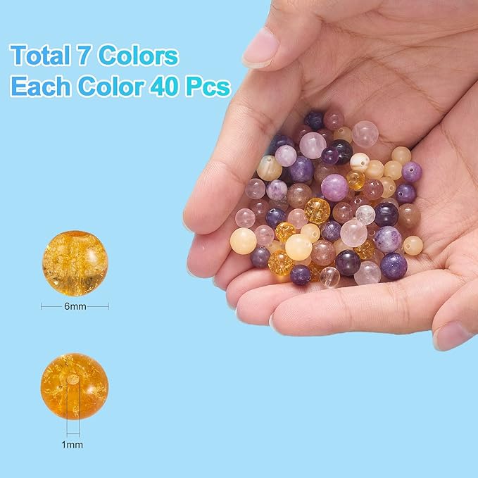 280 Pcs 6mm Crystal Beads for Jewelry Making，Natural Round Crystal Beads DIY Smooth Stone Bead Kit Crystal Energy Healing Beads Charm for Bracelet Necklace (6MM, 7 Color Crystal Beads)