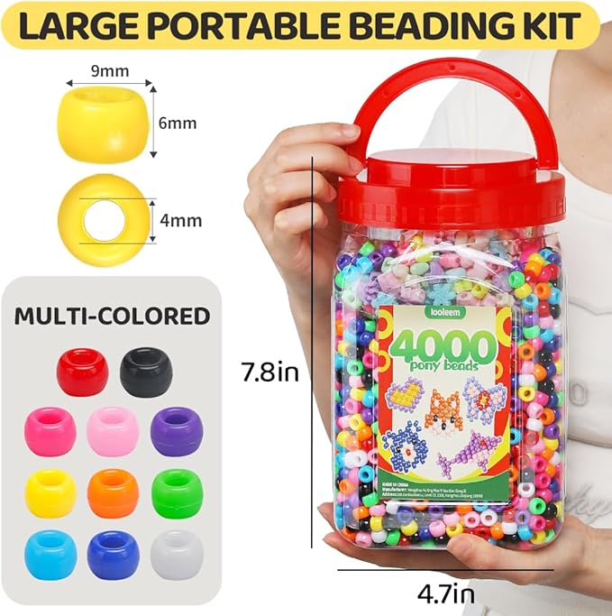 iooleem multi-colored bulk pony beads - 4000pc kit for friendship bracelets & jewelry making, easy storage