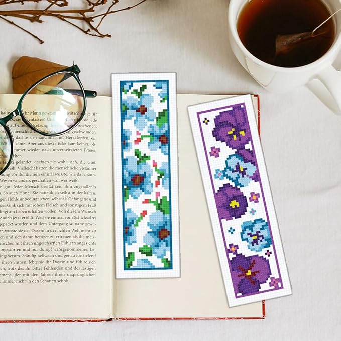 INFUNLY 6pcs Red Rose Cross Stitch Bookmark Kits DIY Sunflower Peach Blossom Embroidery Bookmark Kits for Beginners with Instruction Blue Flower Bookmark Making Kit for Book Lovers Readers Women Gifts