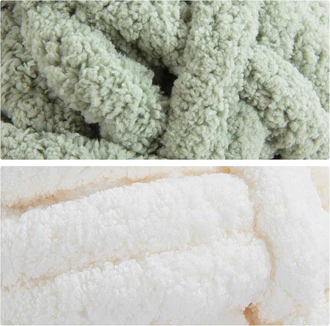Mabozoo Assorted Chunky Yarn for Crocheting 8 Pack: Fluffy Chenille, Soft Plush, Giant Thick Fuzzy Yarn. 4 White & 4 Sage Green (31.7 yds, 8 oz Each Skein)