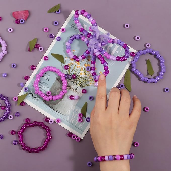 1200Pcs Friendship Bracelet Bead, 6x9mm Pony Beads for Jewelry Making, 5 Style Purple Colors Kandi Beads Bulk, Hair Bead for Braids with Stretch Cord and Scissors