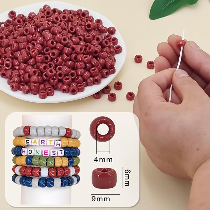 MIIIM 1200 Pcs 6x9mm Pony Beads Bulk - Brick Red Pony Beads for Bracelets, Kandi, Hair Braids & Jewelry Making