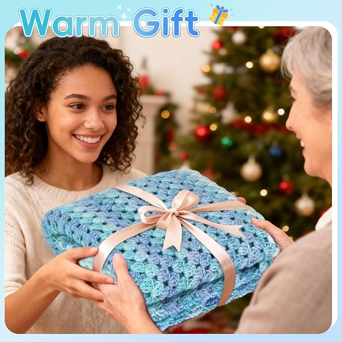 Aeelike Blanket Crochet Kit for Beginners, Super Easy Crochet Blanket Kit with Soft & Colorful Gradient Yarns Detailed Video Tutorials Crocheting Accessories, Aurora Blue Gradient & Ideal Gift