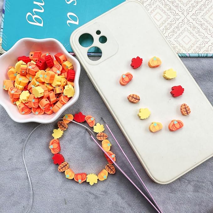 Polymer Clay Fall Pumpkin Maple Loose Spacer Beads, 10mm Thanksgiving Autumn Maple Leaves Pumpkin Beads Charms for DIY Hair Clip Necklace Bracelet Jewelry Earring Handmade Craft Making