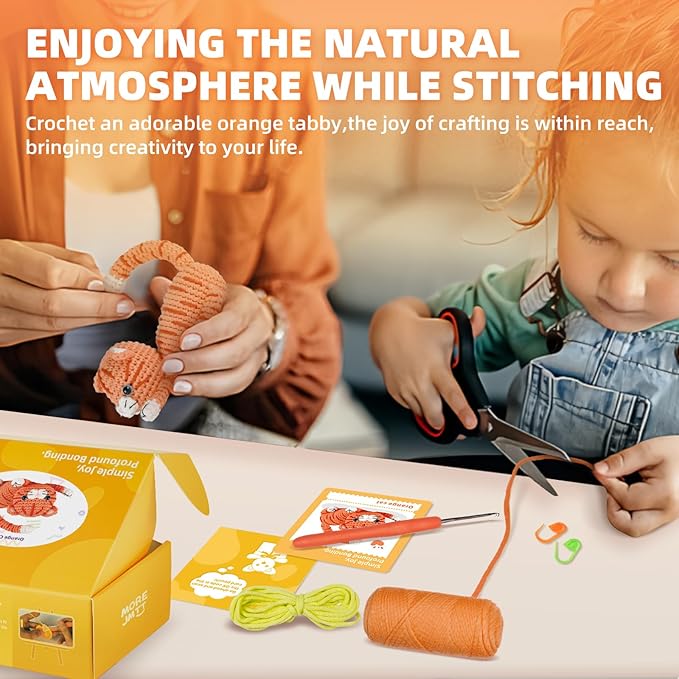 MOREJMTT Crochet kit for Beginners Adults, Learn to Crochet, Include Easy Knitting Soft Yarn, Step-by-Step Video Tutorial, Hook, Holiday Birthday Gift (Orange cat)