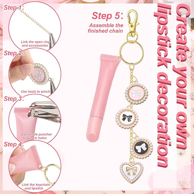 VioraWhite 213 Pcs Lip Gloss Keychain Making Kit 100 Pink Enamel Charms 32.81 ft Gold Chains for DIY Crafts Women(Butterfly)