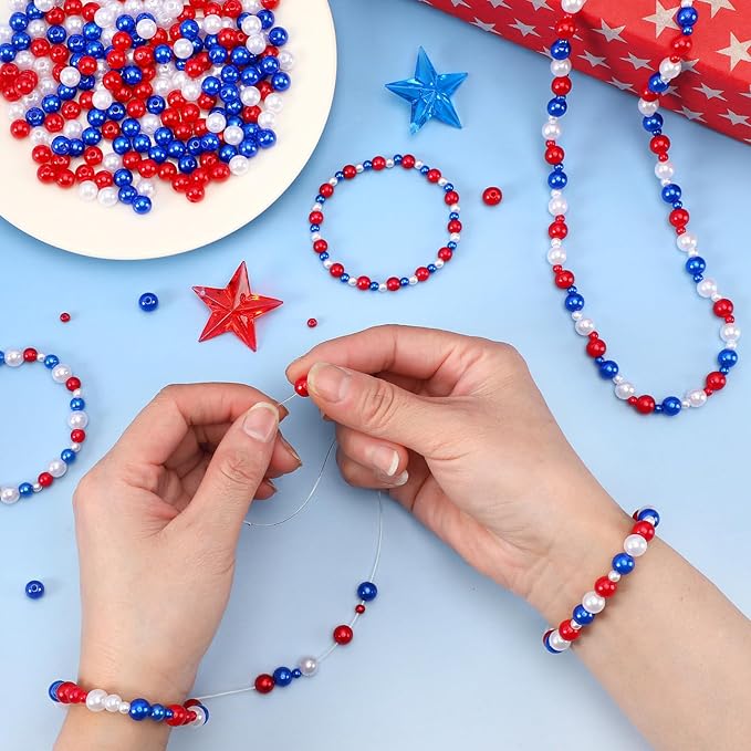 UPINS 1200Pcs Red White Blue Beads,8mm 4th of July Beads Independence Day Patriotic Pearl Beads for Jewelry Making Party Decoration Necklace Bracelets Earrings Hair Beads DIY Crafts Supplies
