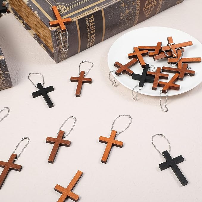 Junkin 75 Pcs 3 Colors Wood Cross Charms Mini Pendant with Chains Natural Wooden Cross Hanging Ornament for DIY Necklace Bracelet Earring Jewelry Craft Making Handmade Accessories Party Favor