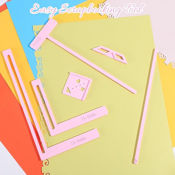 6PCS Book Binding Tool, Easy Scrapbooking Tools Kit for Starter, L Ruler + T Ruler + I Ruler + Corner Miter + Eyelet Guiding for Journal, Notebook, DIY Projects, Scrapbooking Bookbinding (Pink)