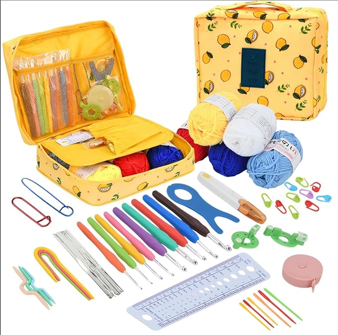 BJSSBJH Crochet Tools and Supplies Set, 57-Piece Crochet Hook Kit with Yarn and Accessories, Portable Craft Tool Kit for Adult Beginners and Experienced Crafters(A Style)