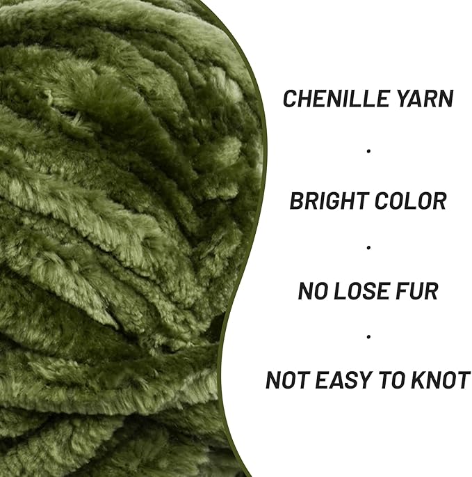 Fuzzy Chunky Chenille Yarn for Crocheting，Soft Plush Yarns for Hand Knitting，Bulky 3x100g（3x49.2 yd） Baby Blanket Yarn for Crocheting Amigurumi，Crochet Fluffy Velvet Yarns (3 Army Green)