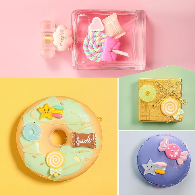 WILLBOND 120 Pieces Assorted Charms Cute Set Flatback Beads Making Kit Mixed Candy Sweets Resin Random Kawaii Candy Resin Ornaments for DIY Craft Scrapbooking Decoration