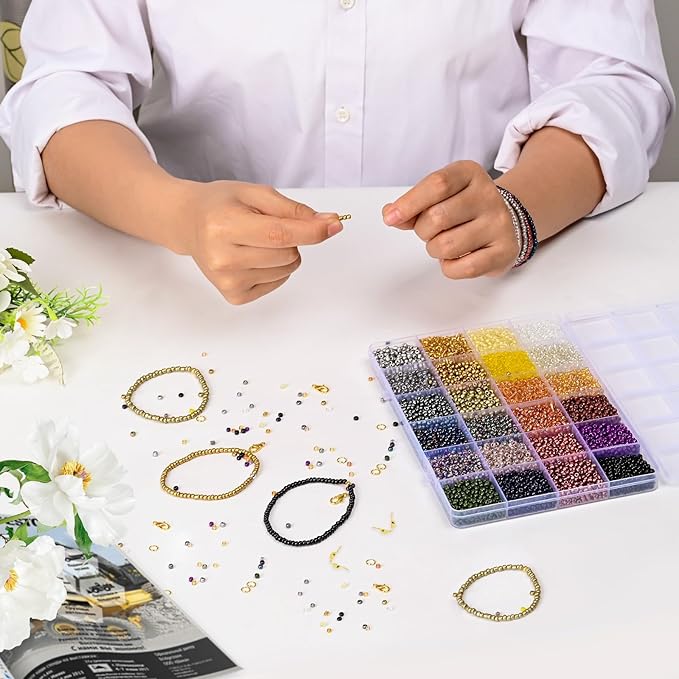 Vtssvow 3mm Glass Seed Beads for Bracelets Making, 24 Colors 10000pcs Friendship Bracelet Making Kit, Small Glass Beads for Jewelry Making (Mix 24 Color, Metallic)