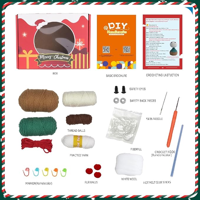 Crochet Set - Beginner Friendly Crochet Set with Step-by-Step Teaching Videos and Crochet Pattern Manuals (Brown Christmas Dwarf)