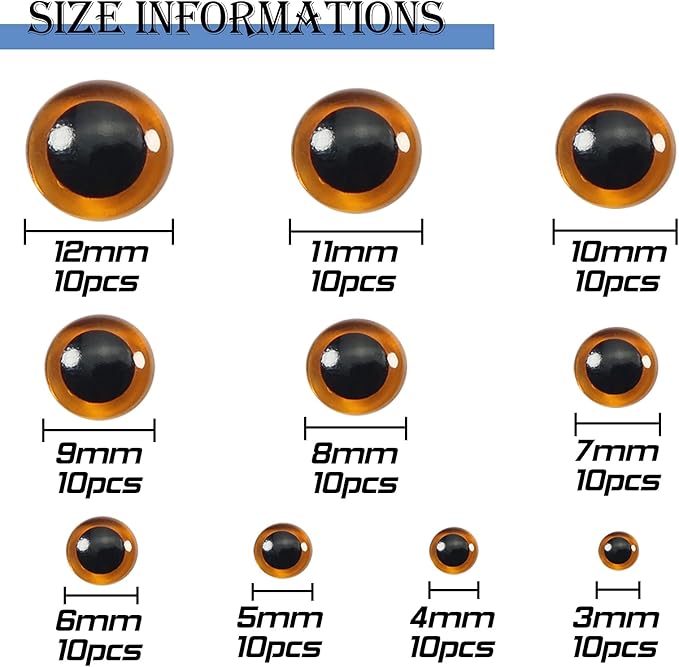 TOAOB 100pcs Deep Brown Glass Eyes Kits 3mm to 12mm Assorted Sizes for Crafts Needle Felting Bears Dolls Decoys Sewing