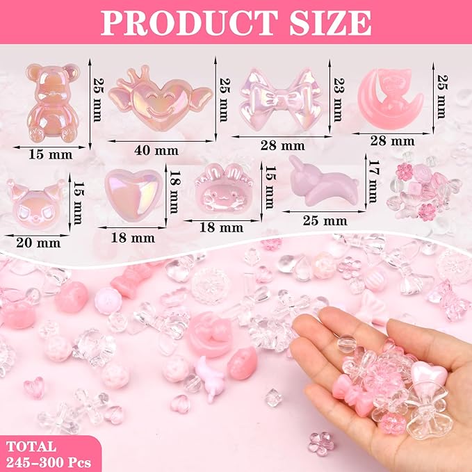 ABONDEVER 245-300Pcs Assorted Acrylic Beads for Bracelets Making Cute Star Bow Flower Candy Heart Gummy Bear Butterfly Beads for DIY Jewelry Crafts Keychain Necklace Phone Charms(Pink)