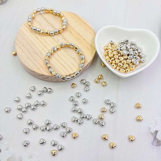 6mm Flat Round Spacer Beads, Clay Beads for Bracelets Making Kit, Heishi Polymer Flat Disc Spacer Beads for Jewelry Making, Clay Beads for Jewelry Making Gold Beads Silver (1600pcs(400Heart))