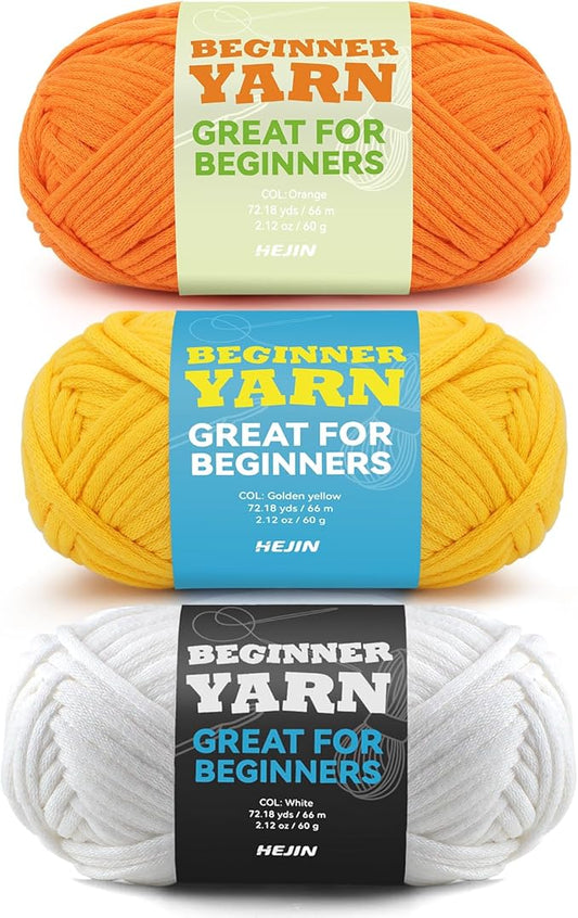 3x60g Orange+Yellow+White Yarn for Crocheting and Knitting;3x66m (72yds) Cotton Yarn for Beginners with Easy-to-See Stitches;Worsted-Weight Medium #4;Cotton-Nylon Blend Yarn for Beginners Crochet Kit