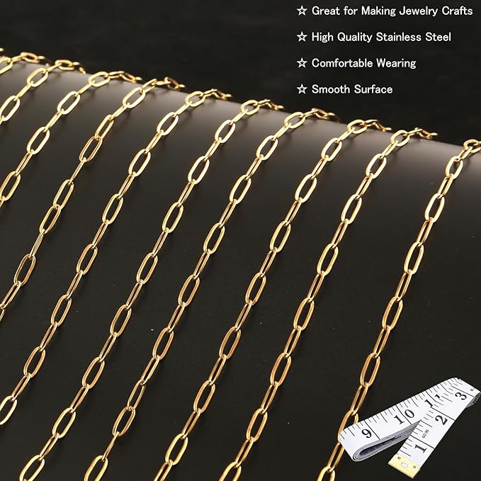 16Ft Stainless Steel Paperclip Chain for Jewelry Making, 3.5mm Width Gold Plated Paper Clip Link Chains Roll for DIY Necklace Bracelet Jewelry Making Supplies with Lobster Clasps Soft Tape Measure