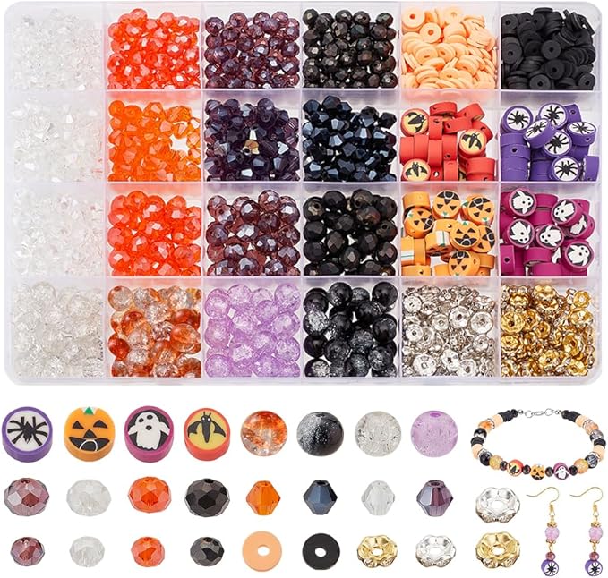 PH PandaHall 1288pcs Halloween Glass Beads for Jewelry Making, Faceted Glass Bead Clay Bead Rhinestone Spacer Beads Bracelet Making Kit for Jewelry Making Bracelet Necklace, 6-9.5mm