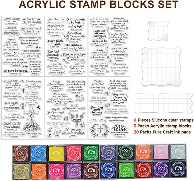 6Pcs Christian Bible Verse Clear Stamps for Card Making Easter Blessing 20 Craft Ink Pad 3 Acrylic Stamp Block Silicone Stamp with Greeting Words Rubber Stamps for Crafting DIY Scrapbooking