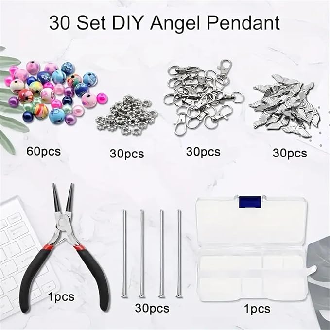 180Pcs DIY Angel Pendant Keychains Kit Including Alloy Wing Spacer Imitated Pearl Bead Pendant Lobster Buckle Claw Clasps and Pliers Jewelry Making Supplies Repair Tools Kit for Women Adults Teens