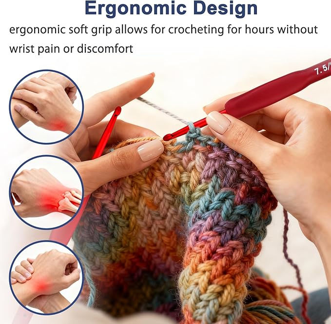9 Sizes Crochet Hook Set,2mm-6mm Aluminum Crochet Kit for Beginners,Yarn Ergonomic Crochet Needles with Soft Grips for Arthritic Hands,Crochet Set with Small Tools,Ideal Crocheting Supplies,Red