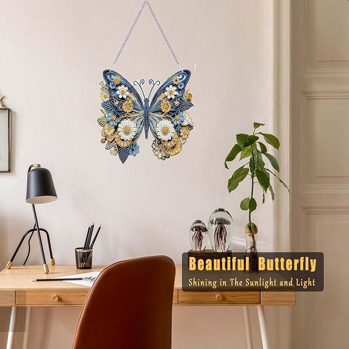 TSRUVYL Butterfly Diamond Art Painting Kit for Adults, 3D Hanging Diamond Art Suncatchers, Cute Diamond Art Painting Crafts Gift, DIY Special Shaped Gem Crystal Ornament(Blue-Butterfly)