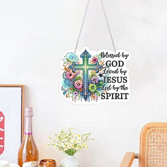 ZeeLionArt Hanging Diamonds Art kit for Adult,Flower Cross Pendant Diamonds Painting Art Kit,7.8x6.3inch Acrylic Diamonds Painting Board Kit Ornament, Special Crystal Diamond Hanging Ornament