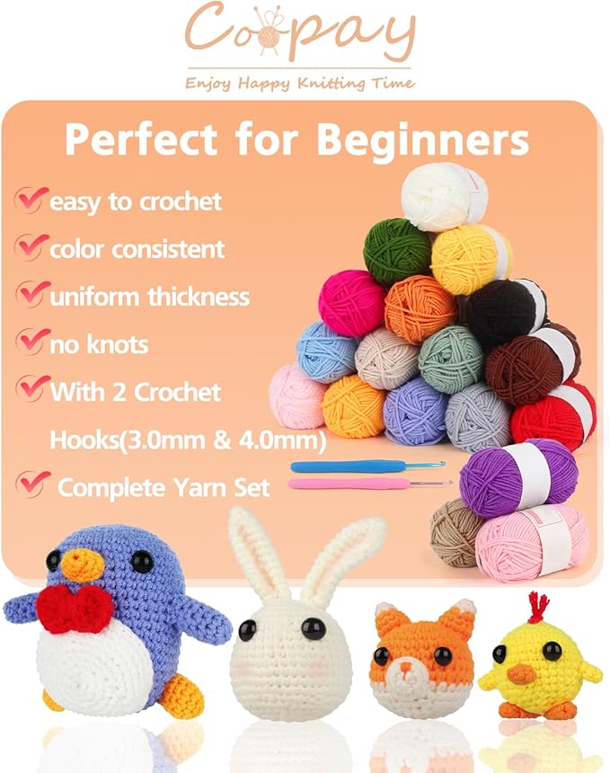 Coopay 25gx18 Colors Crochet Yarn Pack with Crochet Hooks (3mm+4mm), 1377yd Acrylic Yarns for Crocheting Animal Kit, Multicolor Yarns Set 4ply Soft Yarn Kit for Beginners/Professionals