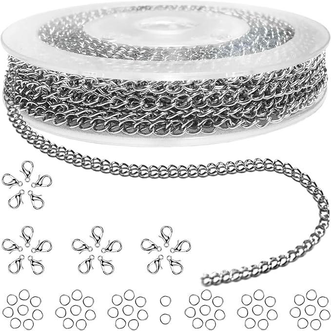 jishi 33ft necklace extender chain 3mm silver stainless steel curb link chain for jewelry making, bracelet necklace extender diy, keychain craft supplies, metal chain roll w/lobster clasps, jump rings