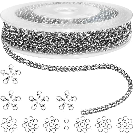 jishi 33ft necklace extender chain 3mm silver stainless steel curb link chain for jewelry making, bracelet necklace extender diy, keychain craft supplies, metal chain roll w/lobster clasps, jump rings