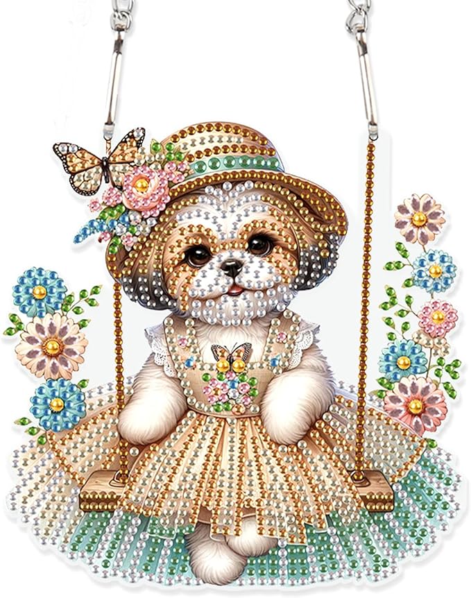 Tontut 5D DIY Diamond Art Painting Pendant kit, Swing Skirt Puppy Special Shape Hanging Crystal Window Pendant kit, Adult Gift Home Curtains, Yard Entrance Decoration