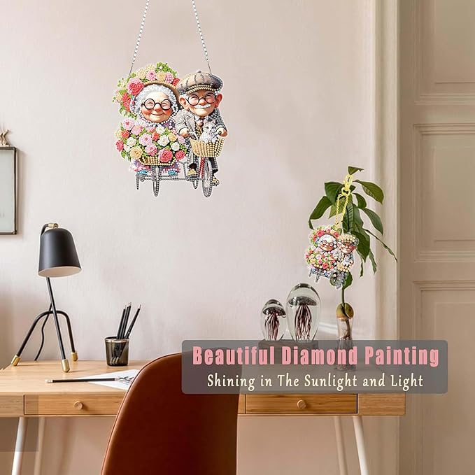 Masendp Elderly Flower Cart Diamond Painting Hanging Decoration Kit, DIY Special-Shaped Rhinestone Window Hanging Kit, Suitable for Home and Garden Wall Decoration Gifts