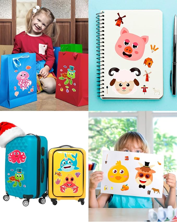 smilinfit 36 sheets stickers for kids toddlers party favors, mixed animals make a face stickers goody bag stuffers, crafts for kids activities classroom supplies school teacher must haves