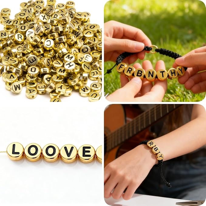 nikkiGuo 1250 PCS Letter Beads Kit with Elastic Cord – Alphabet A–Z, Numbers, Heart, Moon, Star, Smiley Beads for Friendship Bracelets & DIY Jewelry (Golden Beats & Black Letters)